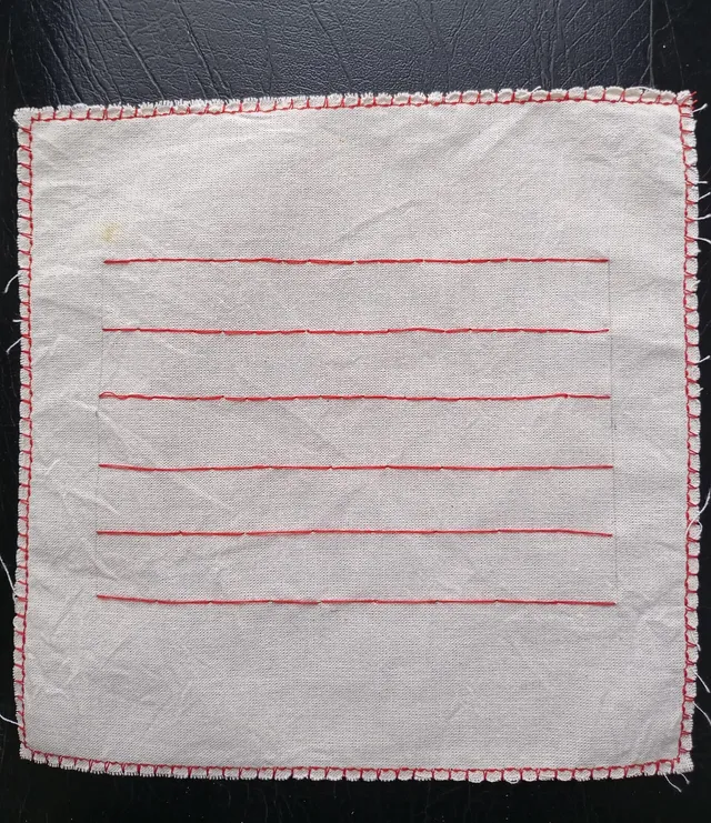 Close-up of hands guiding fabric and thread through careful stitches